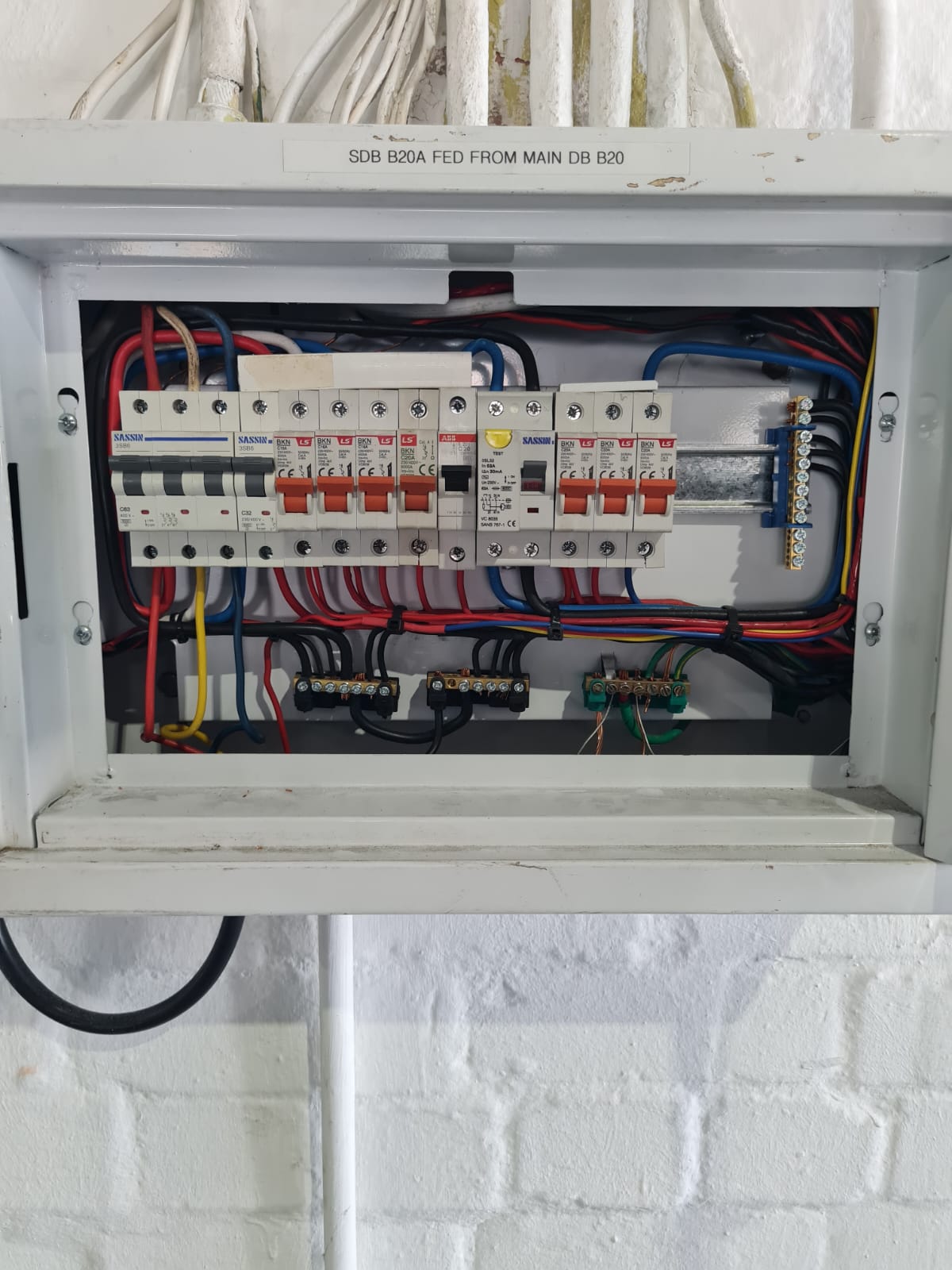 SASSIN distribution board fed from the main DB with clearly wired breakers