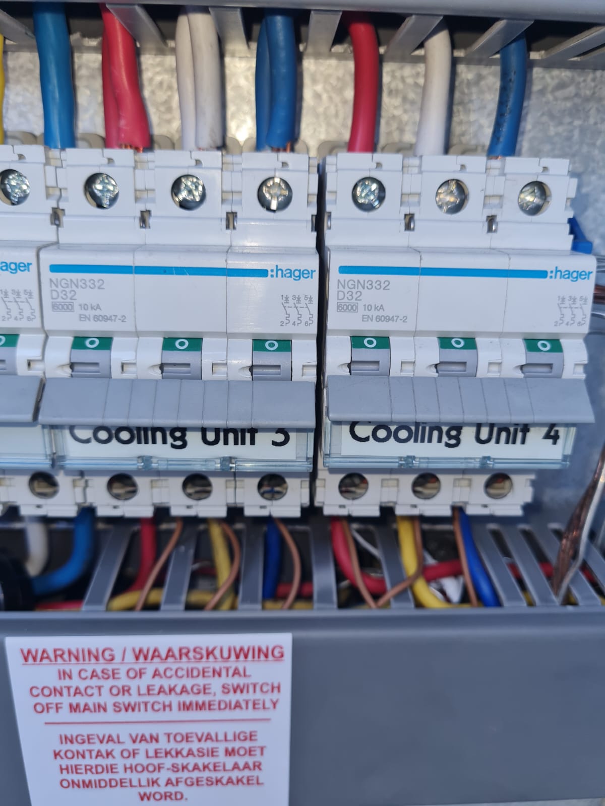 Hager breakers labelled for cooling units inside the distribution board
