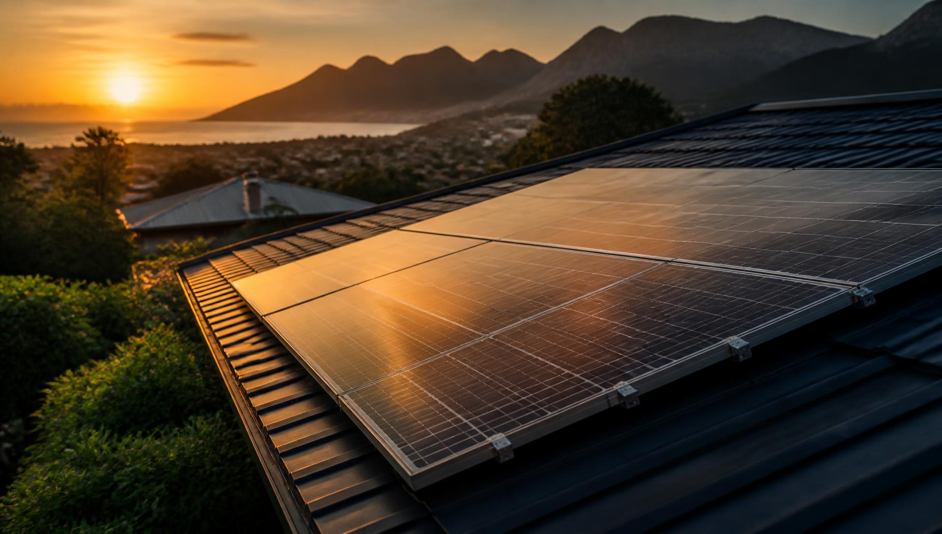 Rooftop solar panels catching golden-hour light with Helderberg mountains behind