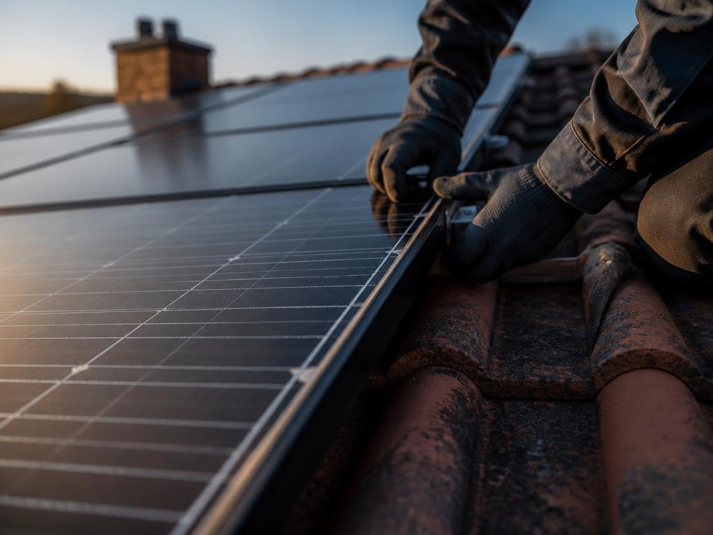 Technician installing solar panels on a tiled roof